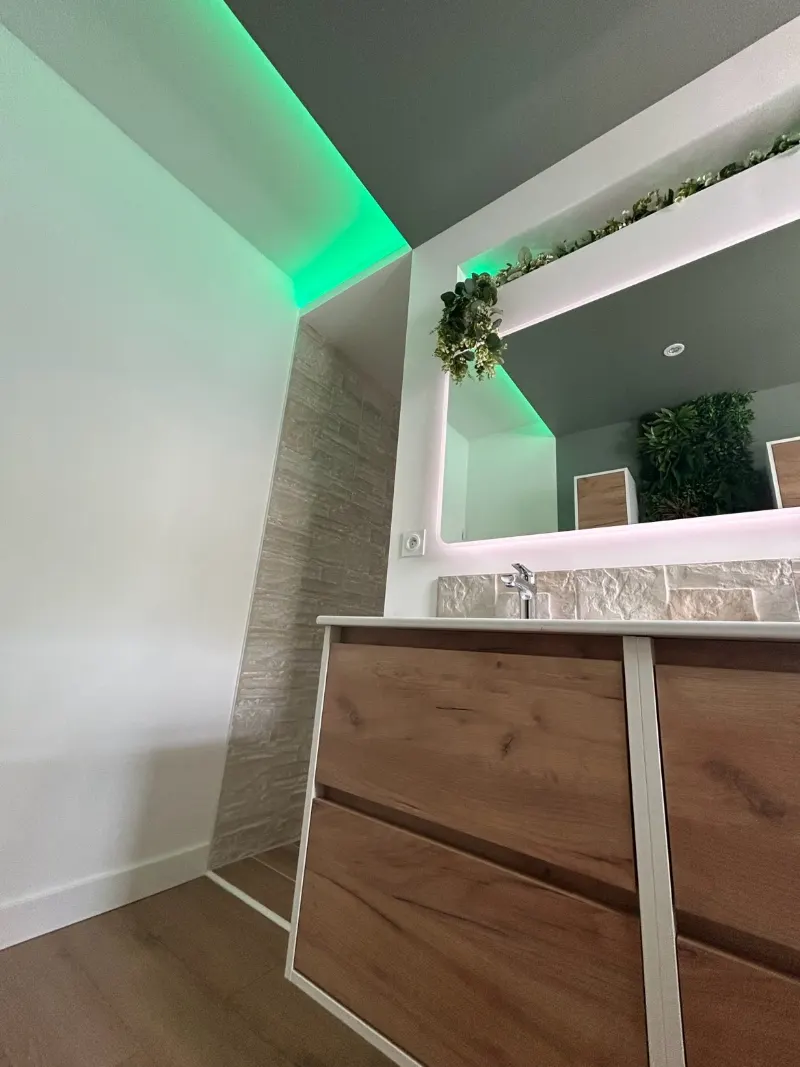 Salle de bain terminée : meuble vasque en bois, miroir éclairé et plafond lumineux
